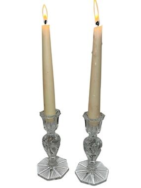Vintage crystal candlesticks
 pinwheel & octagonal base
Small chips